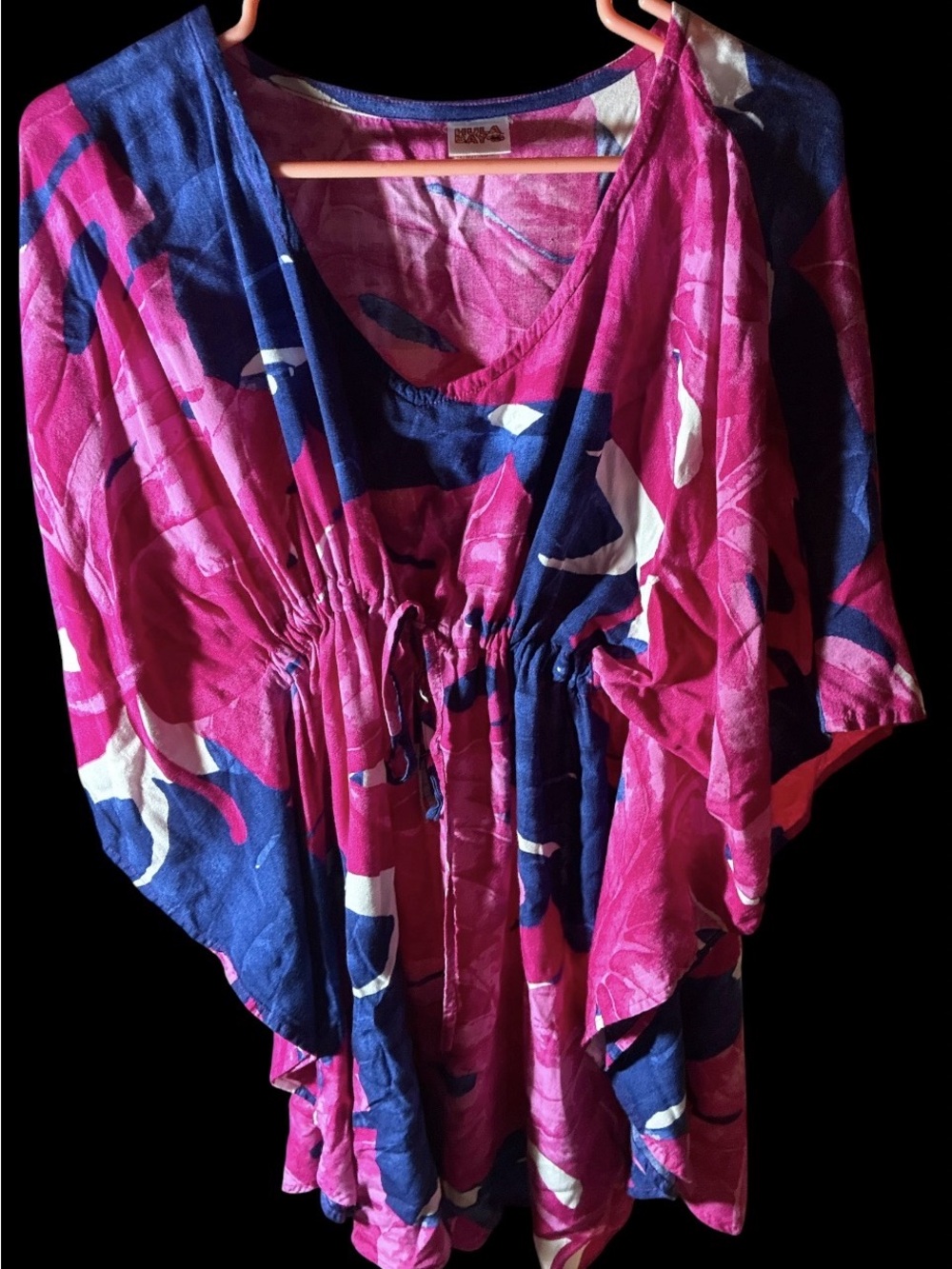 Hula Bay Hawaii Tropical V-Neck Tunic Coverup-Punk & Navy Blue Floral Size Large